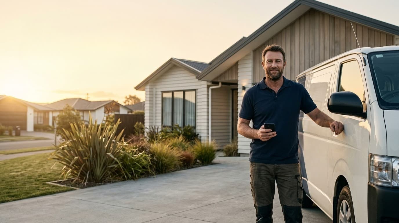 A tradesperson beside their van at the end of the day, calmly checking a phone outside a finished home.