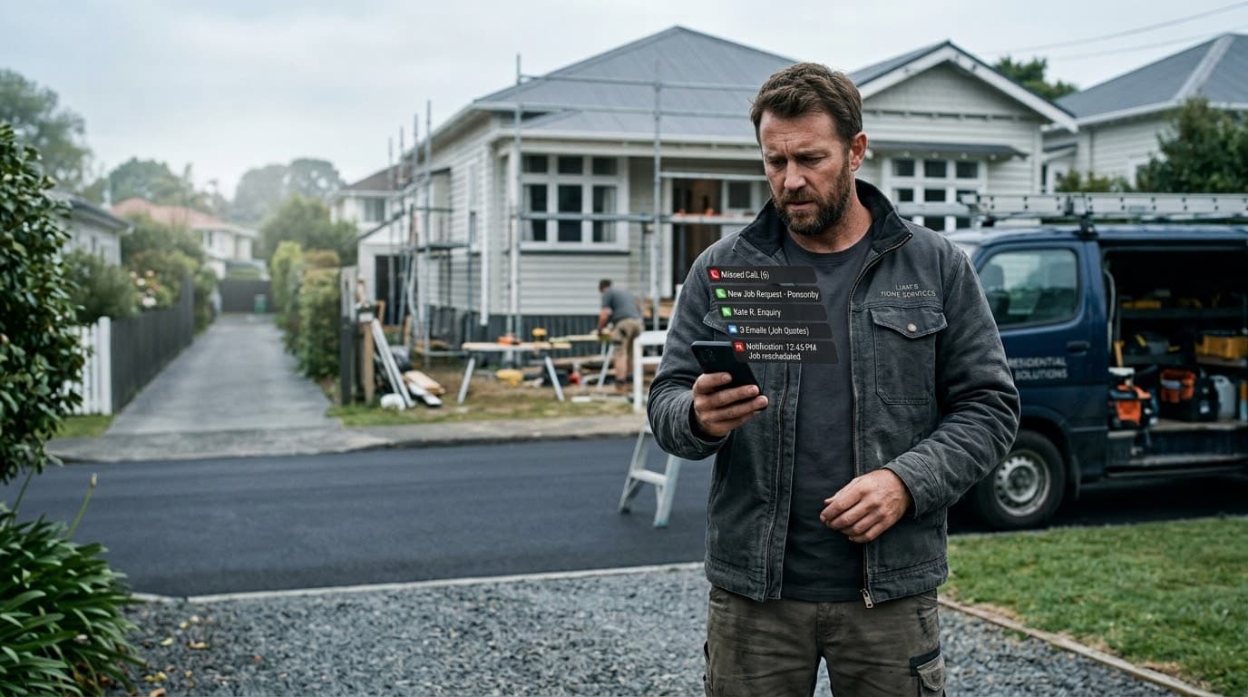 A tradesperson standing outside a job site, looking at a phone stacked with missed calls, new enquiries and unanswered quote emails.