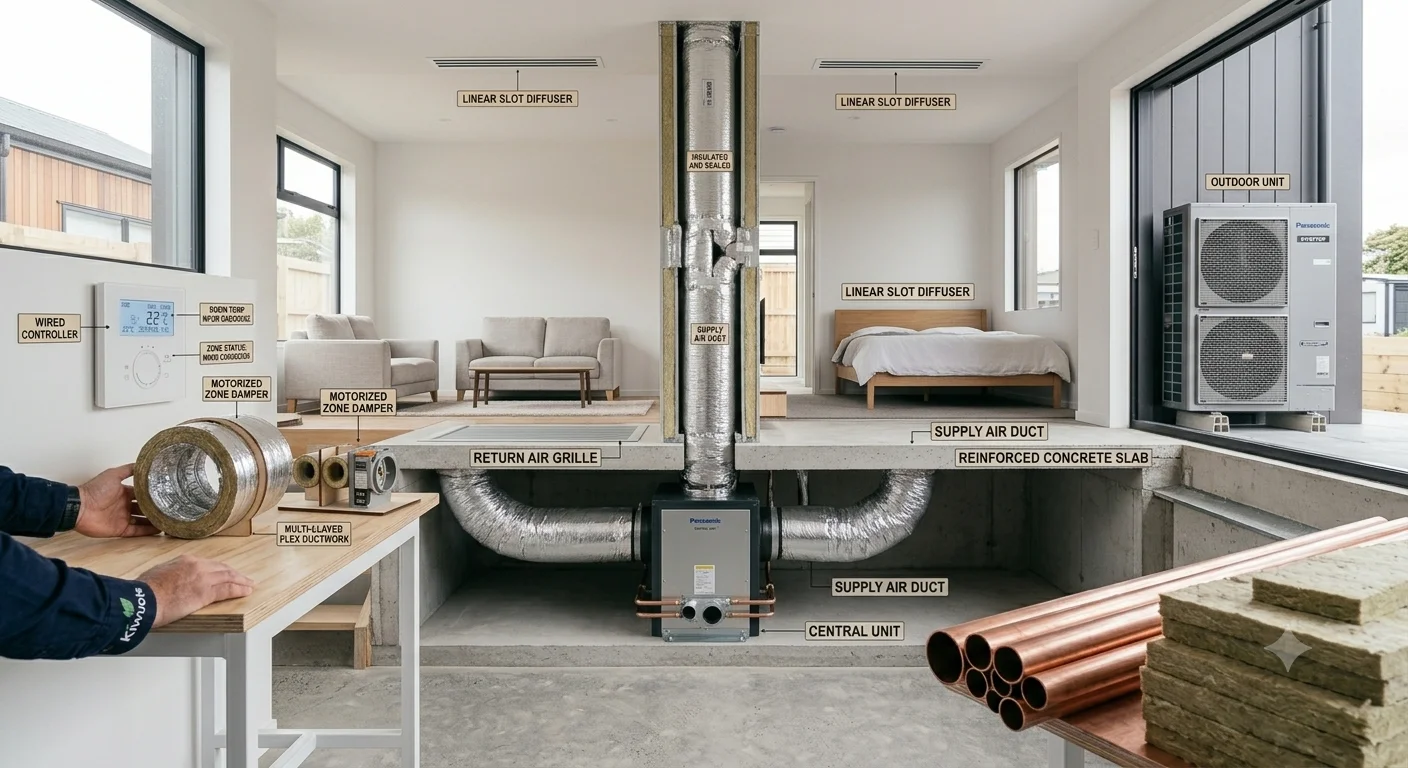 Cutaway diagram of a ducted heat pump system showing the central unit, insulated supply ducts, zone dampers, linear slot diffusers and outdoor unit in a home