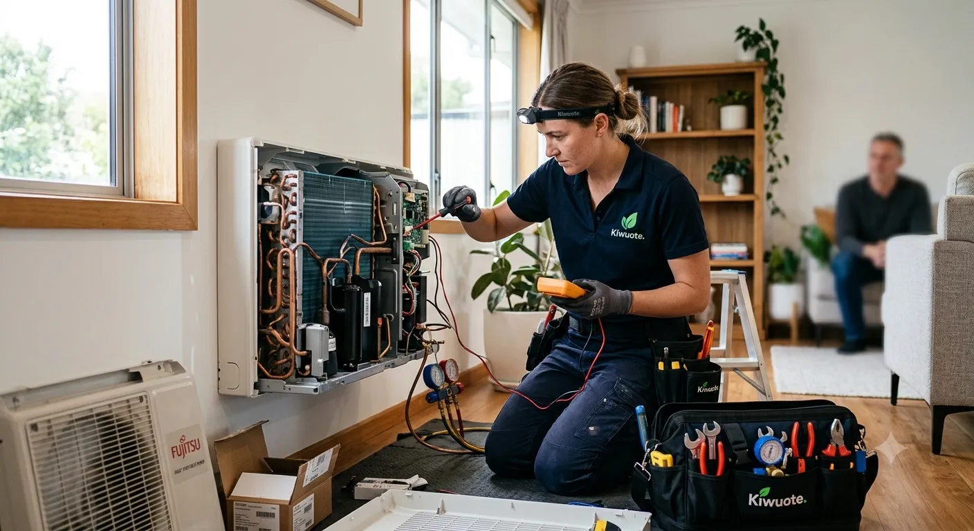 Technician repairing a heat pump system