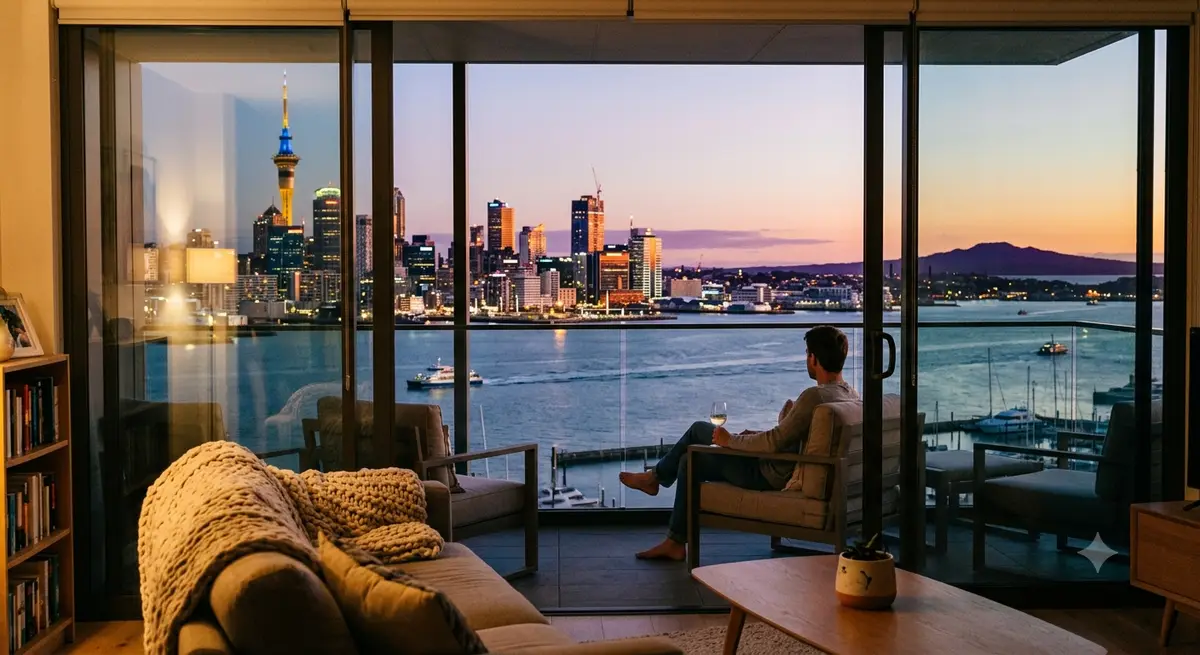 Apartment living room overlooking the Auckland skyline and harbour at dusk