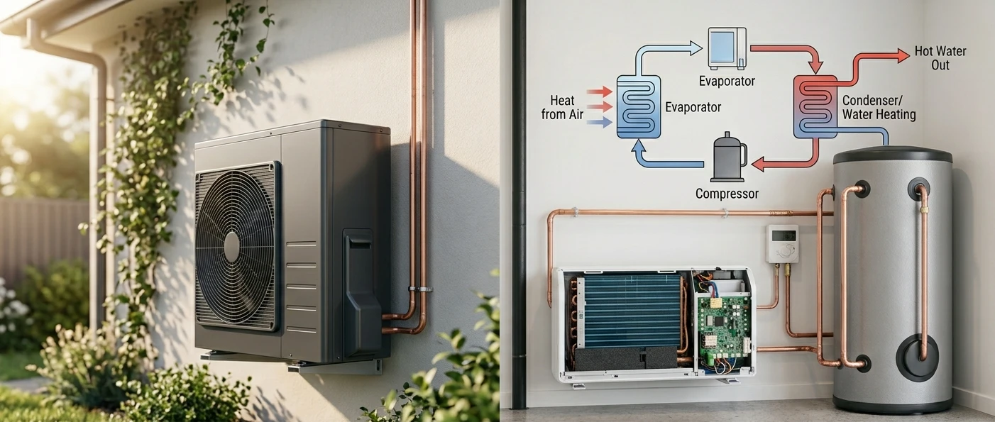 Hot water heat pump: outdoor unit and cylinder with a diagram of the evaporator, compressor and condenser cycle